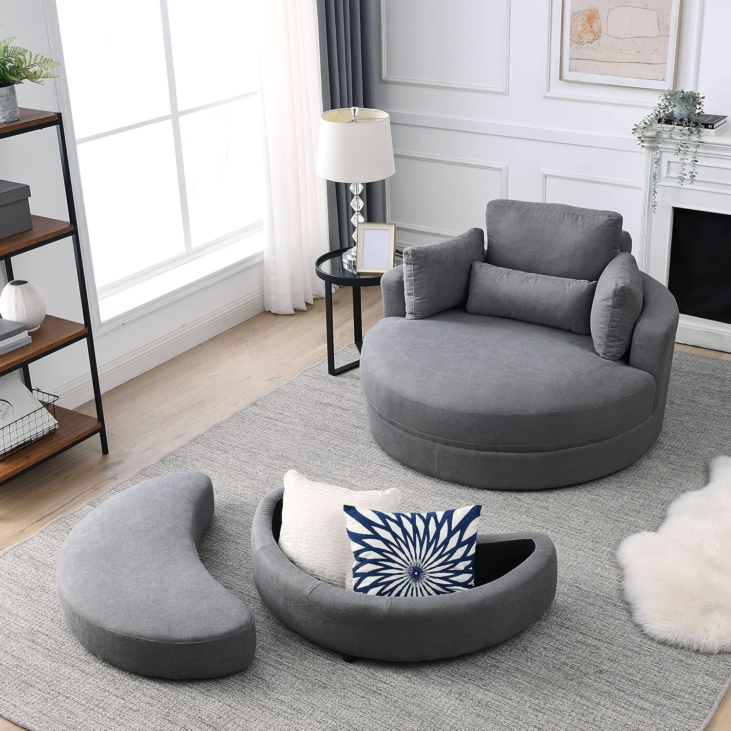 Welike Swivel Accent Barrel Chair with Ottoman, Dark Grey Linen Fabric I52821