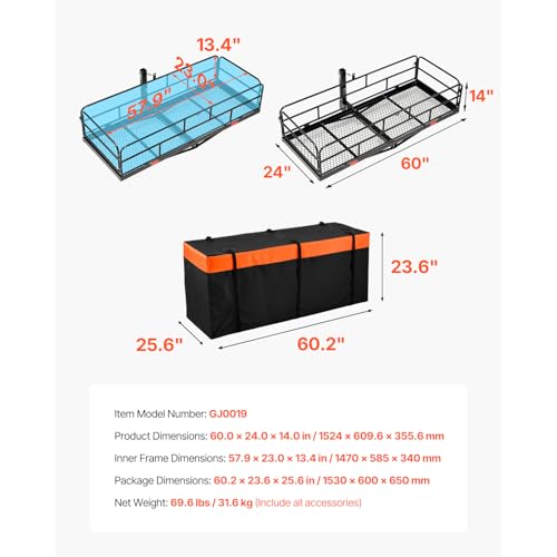 VEVOR 70" x 30" x 6" Hitch Cargo Carrier, 500 lbs Capacity, Folding for 2" Receiver I3546