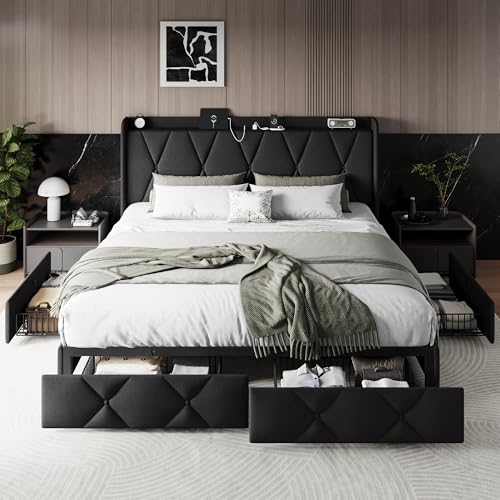 Queen Bed Frame with 4 Storage Drawers and Charging Station, Black S804993