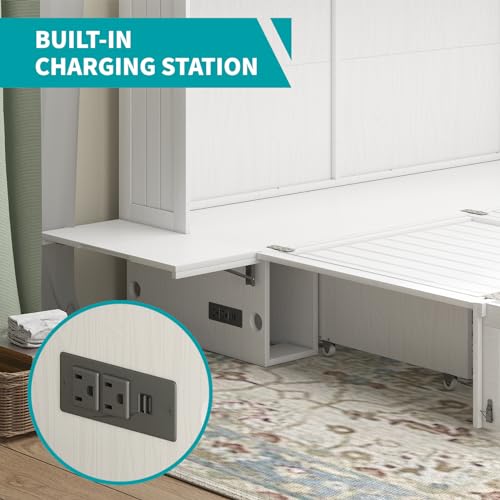 BALUS Murphy Bed Cabinet Queen with Tri-fold Mattress, USB Charging Station, Grey-Blue X7255