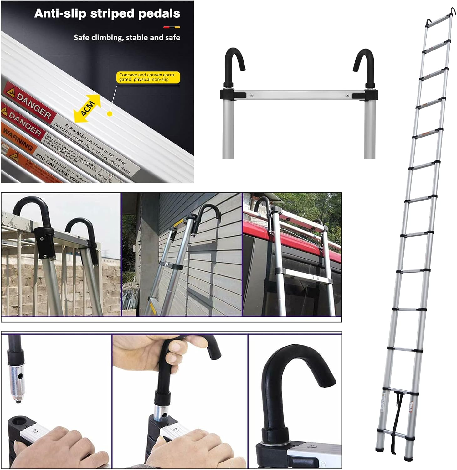 Telescoping Ladder 16FT Aluminum with Roof Hooks, 330lb Capacity T8955