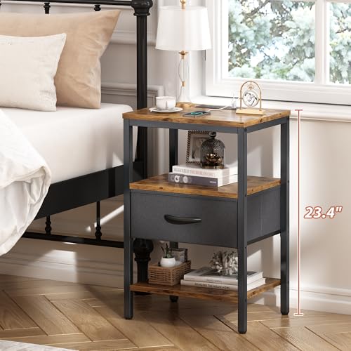 SUPERJARE Nightstand with Charging Station, Fabric Drawer, 3-Tier Storage, Walnut K366263