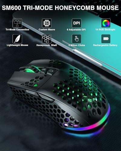 SM600 White Wireless Gaming Mouse, 8000 DPI Tri-Modes RGB E7535