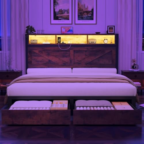 Farmhouse Full Bed Frame with Bookcase Headboard, Charging Station, Brown K11127