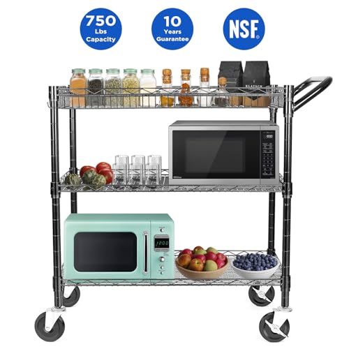 WDT Heavy Duty 3 Tier Utility Cart with Wheels, Commercial Grade Service Cart, 750LBS Capacity Silver L466