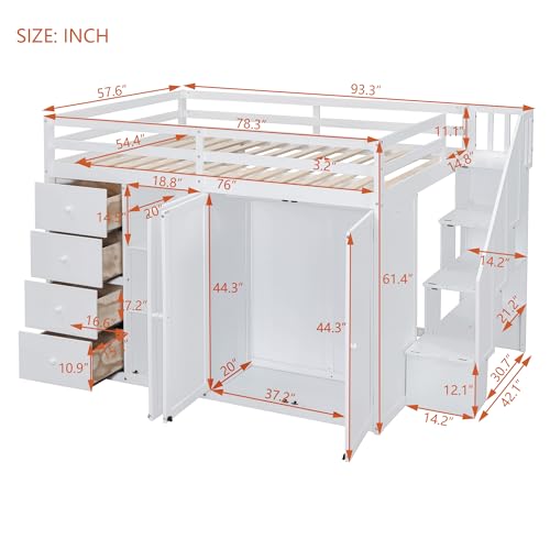 Harper & Bright Designs Twin Size Loft Bed with L-Shaped Desk and Stairs, Solid Wood, White D768