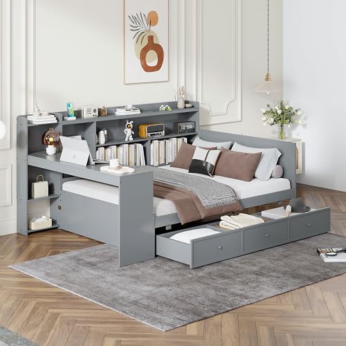 Bellemave Twin Corner Bed Frame with Storage Shelves and Desk, Gray L74206