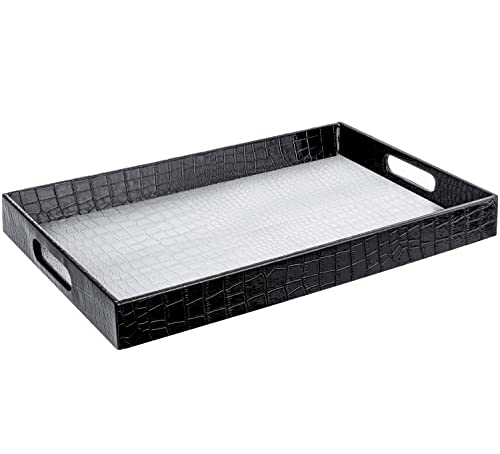 White Marble Faux Leather Decorative Tray with Handles D972626