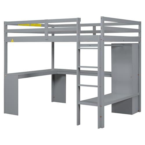 SOFTSEA Full Size Loft Bed with Desk & Wardrobe, White F150304