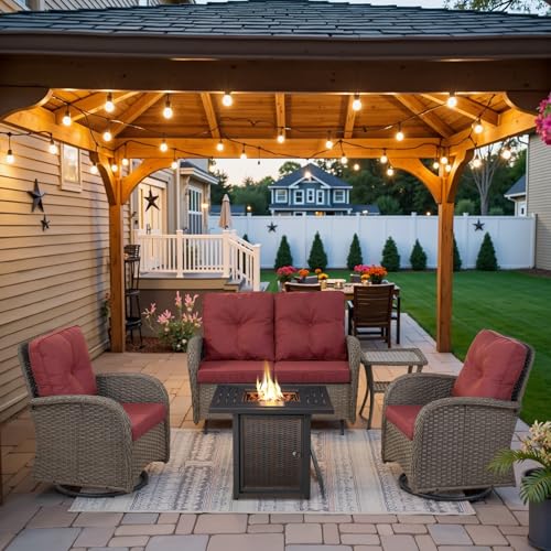 Outdoor Wicker Swivel Rocker Chairs Set of 2 with Rattan Side Table, Brown/Blue B592