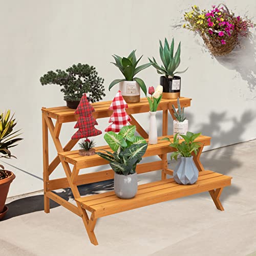 3 Tier Wood Plant Stand Indoor Outdoor with Storage Shelf Z4623