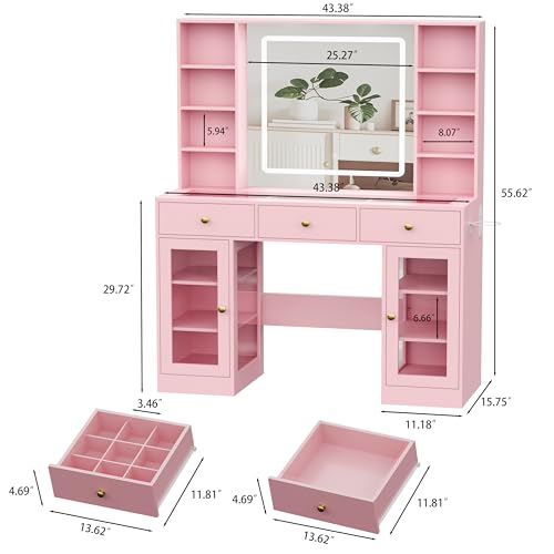 White Vanity Desk with Mirror and Lights, Glass Top, 3 Drawers V863482
