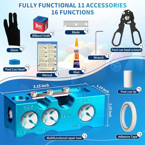 11-in-1 Aluminum Alloy Pool Cue Tip Shaper Replacement Kit (Blue) X4536