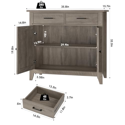 HORSTORS Kitchen Storage Cabinet, Farmhouse Buffet with 2 Drawers and 2 Doors, Grey A4009