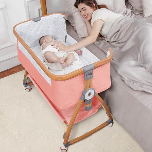 Baby Bassinet Bedside Sleeper with Wheels, 6 Height Adjustable, Light Grey L566