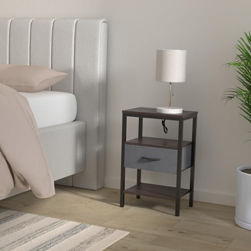 SUPERJARE Nightstand with Charging Station, Fabric Drawer, 3-Tier Storage, Walnut K366263