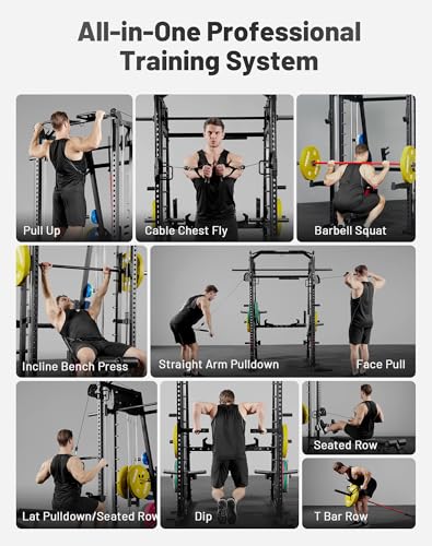 Mikolo Smith Machine 2200lbs Squat Rack with Lat Pulldown & Cable Crossover E219