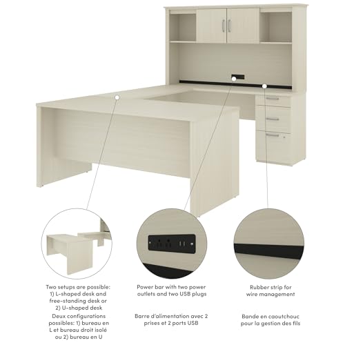 Bestar Logan 66W U or L-Shaped Executive Office Desk with Pedestal and Hutch, Bark Grey W17996