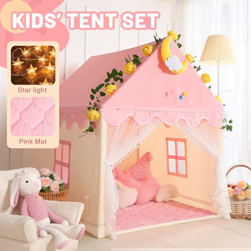 Wilwolfer Kid Tent with Mat and Star Lights - Indoor Playhouse for Toddlers and Girls (Pink) N411519