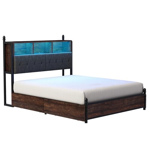 AMERLIFE Full Size Bed Frame with Bookcase Headboard, Charging Station, Rustic Brown H544