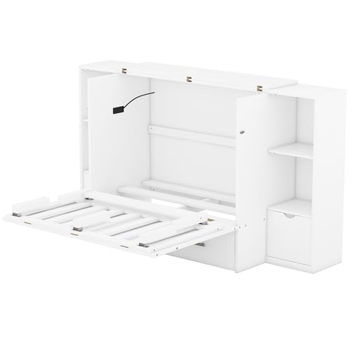 Ball & Cast Queen Size Solid Pine Murphy Bed with Charging Station, White + Walnut P2075