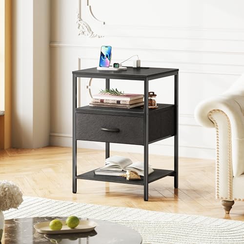 SUPERJARE Nightstand with Charging Station, Fabric Drawer, 3-Tier Storage, Walnut K366263