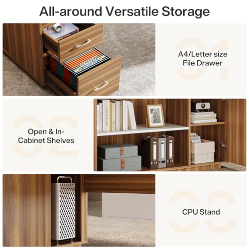 Tribesigns 85.8-Inch L-Shaped Executive Desk with File Drawers & Shelves, White & Brown I578