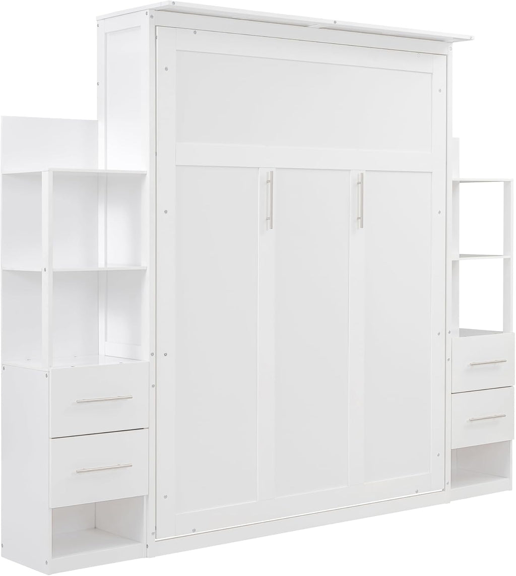 Queen Size Murphy Bed Wall Bed with Shelves and LED Lights, White N44570