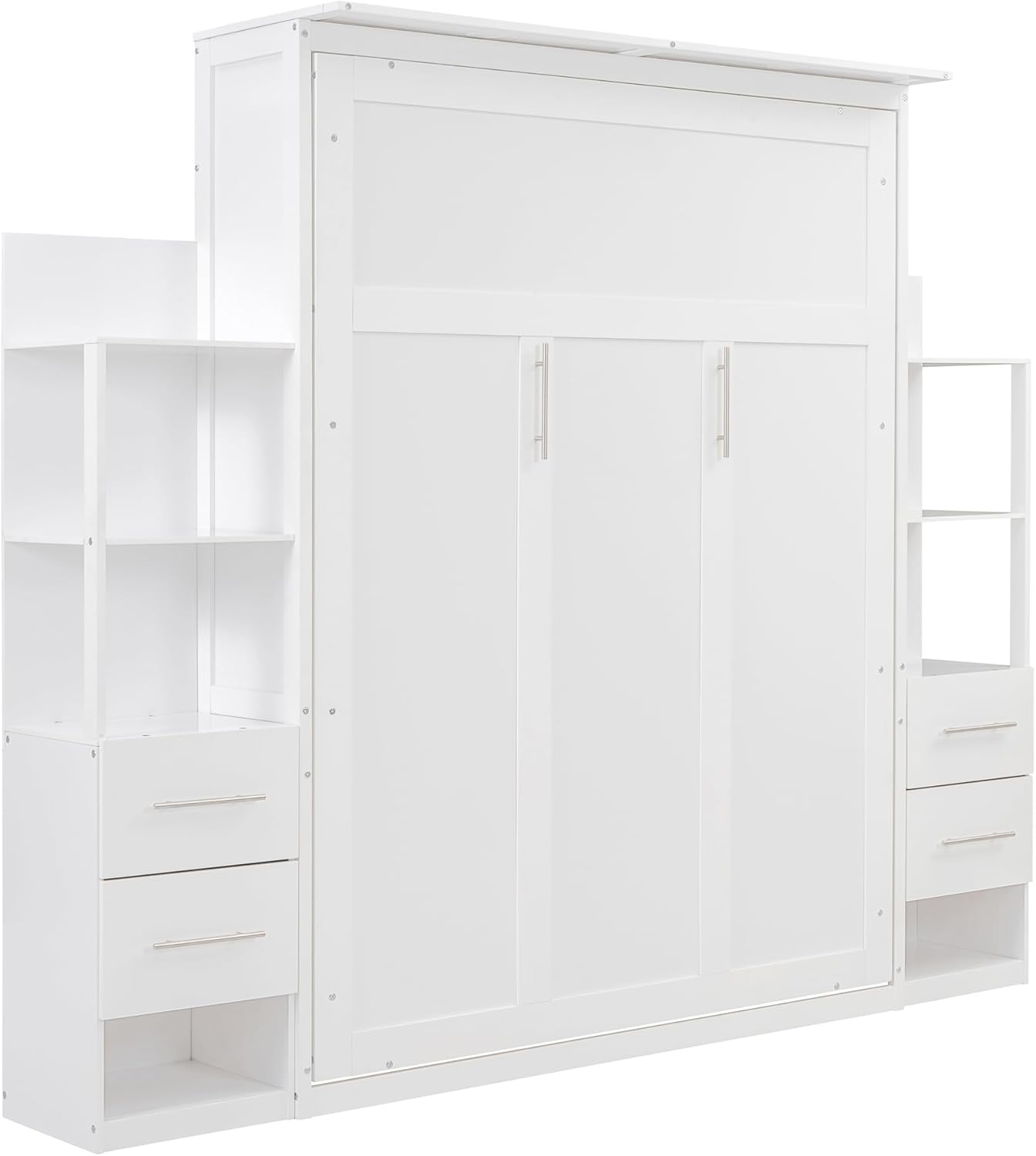 Queen Size Murphy Bed Wall Bed with Shelves and LED Lights, White N44570
