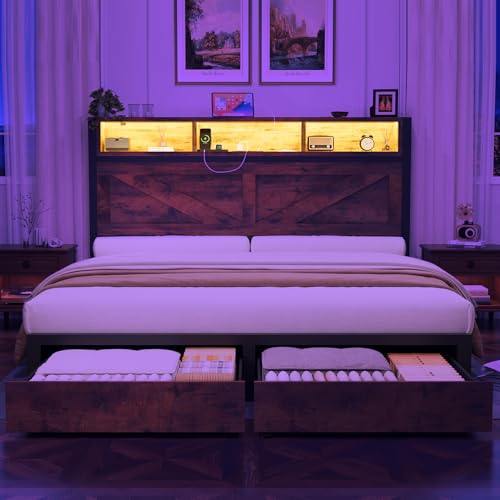 Farmhouse Full Bed Frame with Bookcase Headboard, Charging Station, Brown K11127