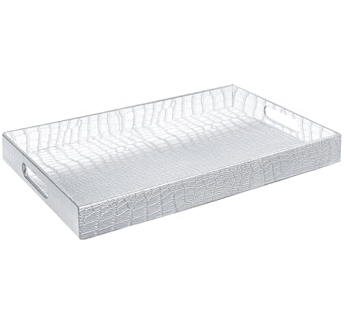 White Marble Faux Leather Decorative Tray with Handles D972626