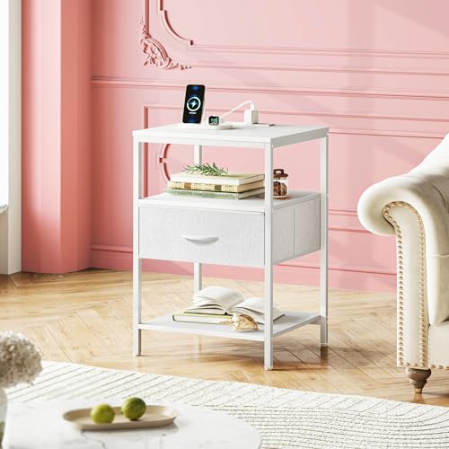 SUPERJARE Nightstand with Charging Station, Fabric Drawer, 3-Tier Storage, Walnut K366263