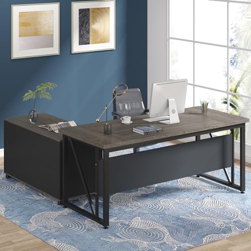 Tribesigns 63" Executive Desk with 47" Lateral File Cabinet, L-Shaped Computer Desk, Brown and Black N680173