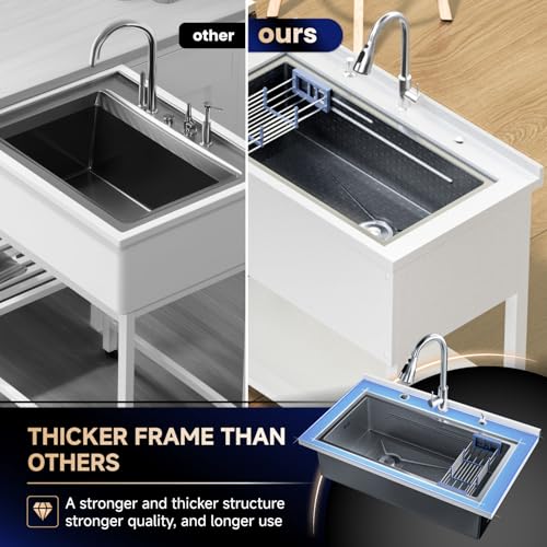 Stainless Steel Utility Sink 36" Freestanding with Pull Out Faucet, Black Y959806