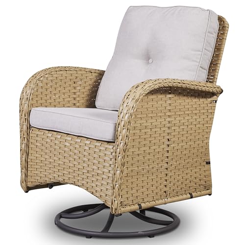 Outdoor Wicker Swivel Rocker Chairs Set of 2 with Rattan Side Table, Brown/Blue B592