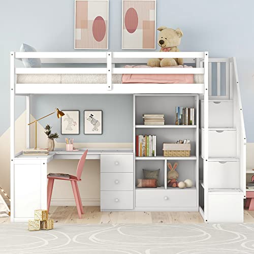 Harper & Bright Designs Twin Size Loft Bed with L-Shaped Desk and Stairs, Solid Wood, White D768