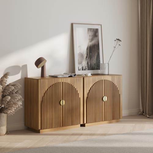 BELLEZE 65 Inch Fluted Buffet Cabinet with Storage, Caramel Brown U96619