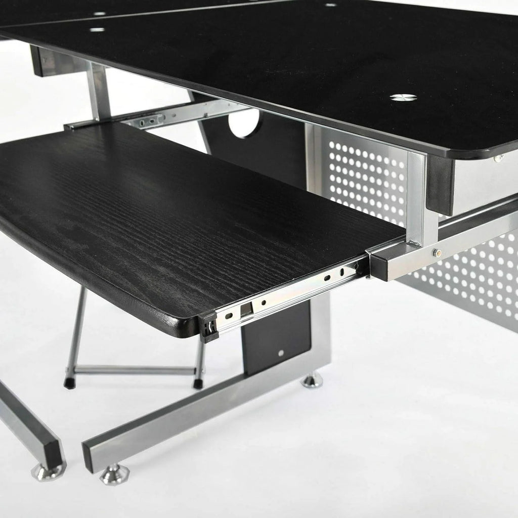 Black L-Shape Corner Tempered Glass Computer Desk with Keyboard Tray W76860