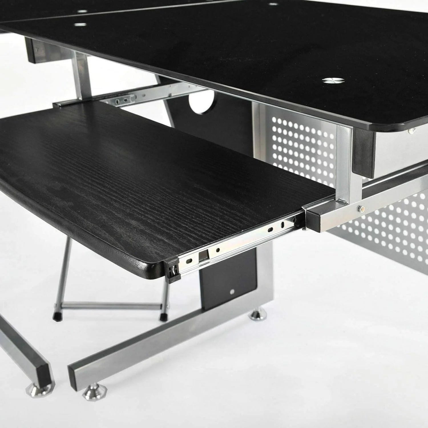 Black L-Shape Corner Tempered Glass Computer Desk with Keyboard Tray W76860