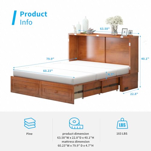 Mjkone Murphy Bed Cabinet Queen Size with USB Charging Station & Storage Drawers, White U176463
