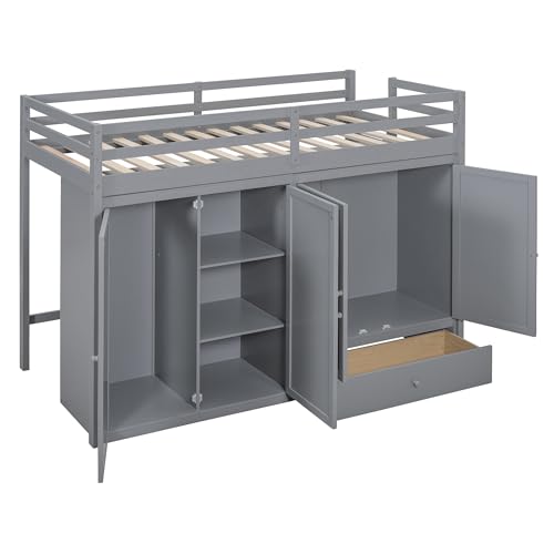 Harper & Bright Designs Twin Size Loft Bed with L-Shaped Desk and Stairs, Solid Wood, White D768
