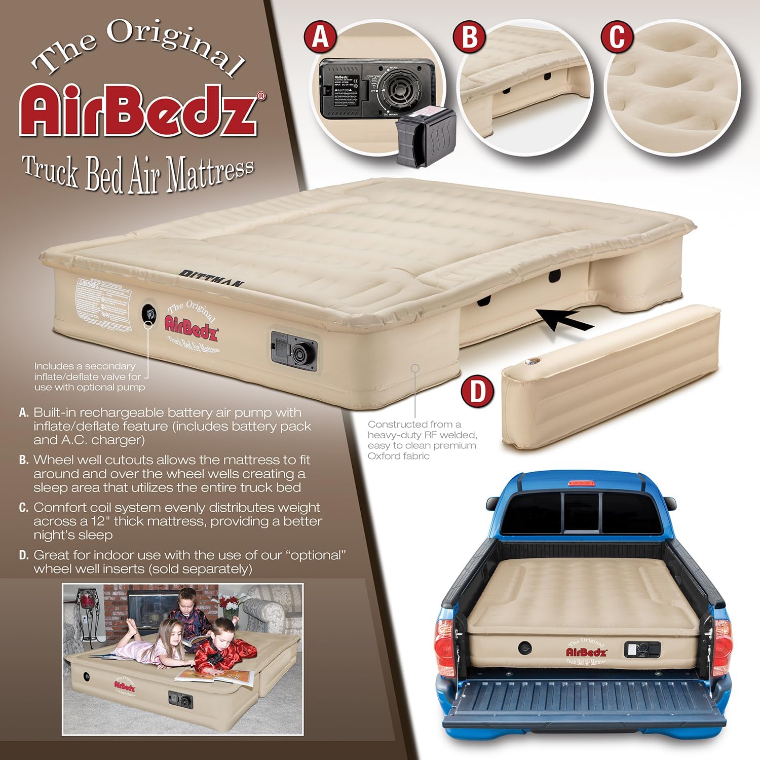 Pittman Truck Bed Air Mattress 8ft Full Size for Pickup Truck Camping - TAN W3735