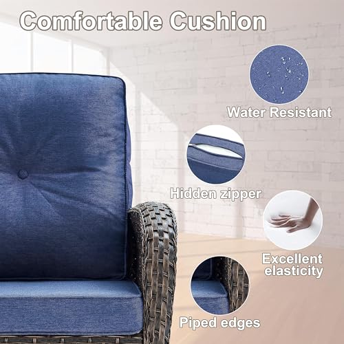 Outdoor Wicker Swivel Rocker Chairs Set of 2 with Rattan Side Table, Brown/Blue B592
