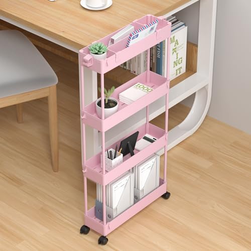 SPACELEAD Slim Storage Cart 4 Tier, Rolling Utility Cart for Bathroom & Kitchen, White Q18019