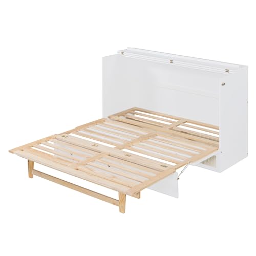 Ball & Cast Queen Size Solid Pine Murphy Bed with Charging Station, White + Walnut P2075