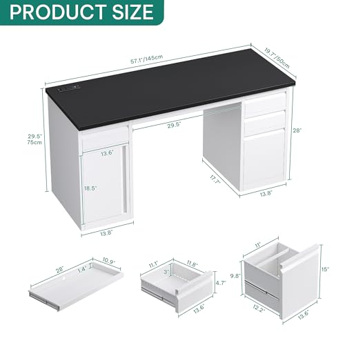 YITAHOME Office Desk with 5 Drawers, Power Outlets, 57 Inch, Black I604444
