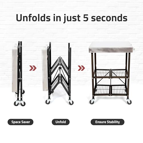 Origami Folding Kitchen Cart on Wheels, 3-Tier Rolling Cart Z2164