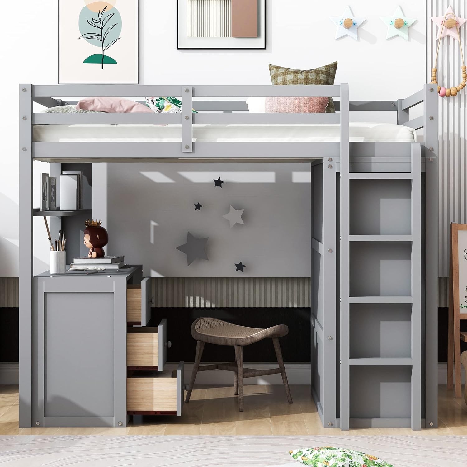 Gray Twin Loft Bed with Desk, Drawers, and Wardrobe D70389