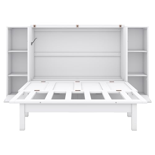 Ball & Cast Queen Size Solid Pine Murphy Bed with Charging Station, White + Walnut P2075