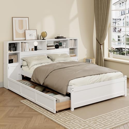 SOFTSEA Twin Size Captains Bed with 6 Storage Drawers and Bookcase Headboard, White H51434